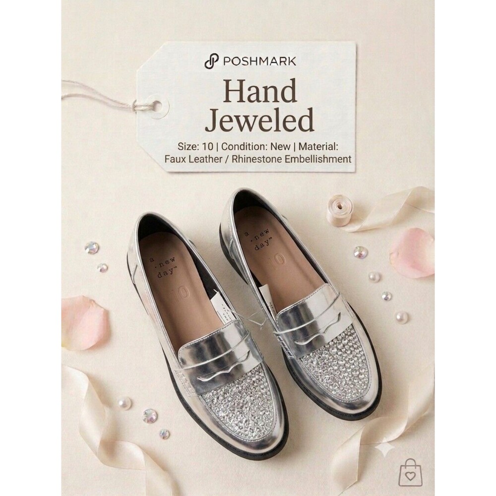 Hand Crafted Rhinestone Embellished Silver Loafers Size 10 NWT